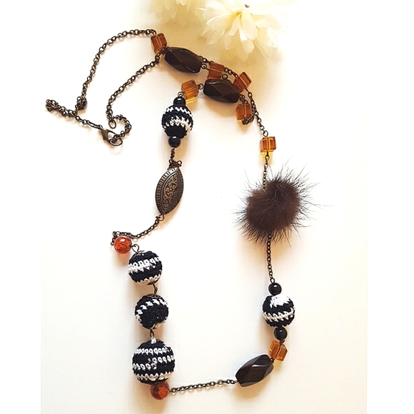 Y2K-90's💛Long Necklace| Brown-Brass  Beads|Fur☆Knit☆Metal - Picture 1 of 5